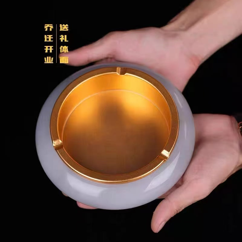 客厅会所酒店黄铜玉石烟灰缸摆件