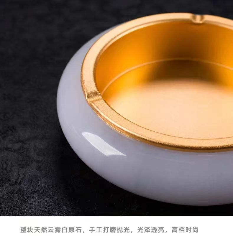 客厅会所酒店黄铜玉石烟灰缸摆件