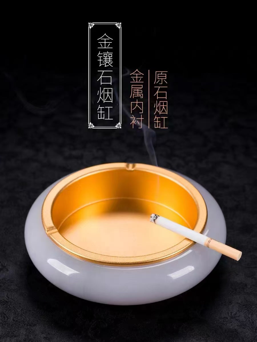 客厅会所酒店黄铜玉石烟灰缸摆件